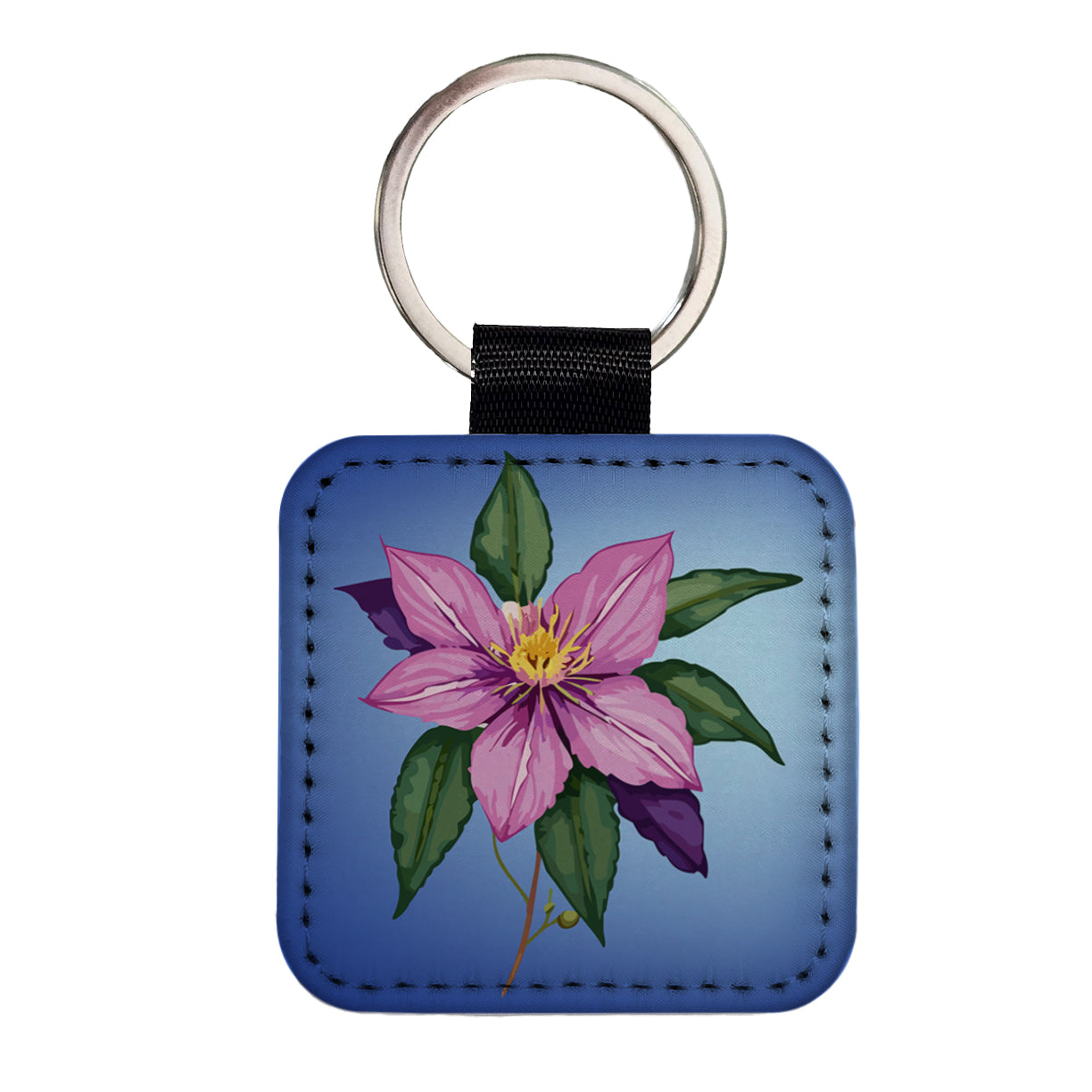 Clematis Flower Purple Watercolor Square Faux Leather Keychain