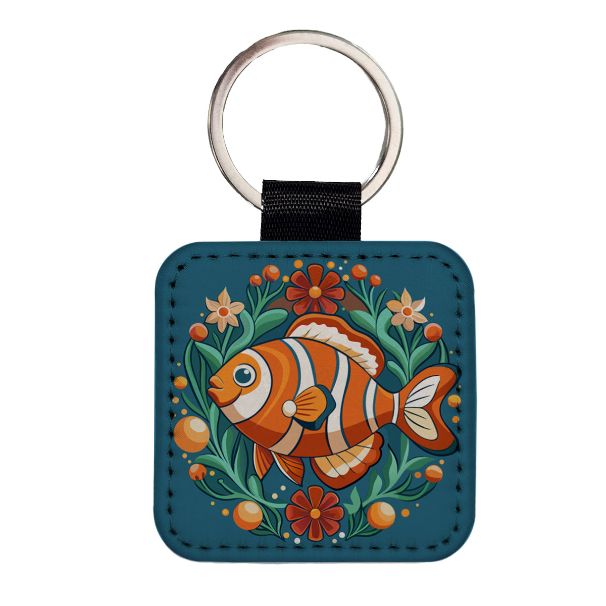 Clownfish Floral Flowers Square Faux Leather Keychain