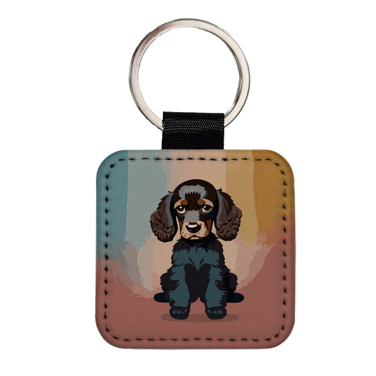 Cocker Spaniel Dark Sitting Square Faux Leather Keychain