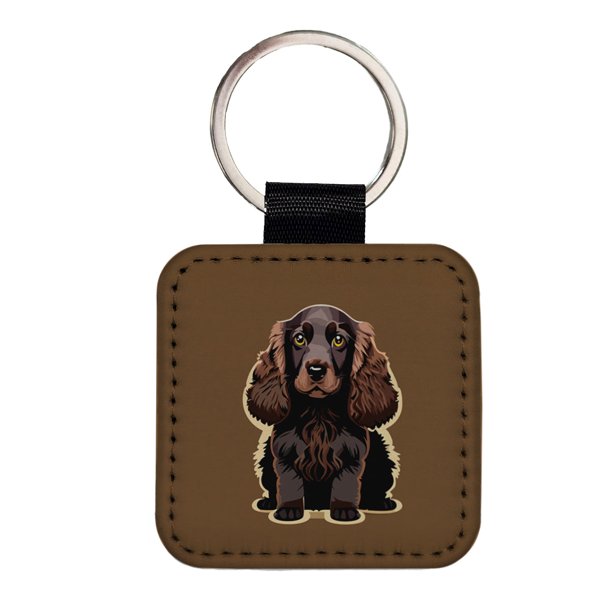 Cocker Spaniel Dark Standing Square Faux Leather Keychain
