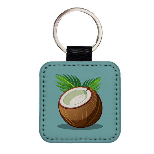 Coconut with Leaves Tropical Fruit Square Faux Leather Keychain