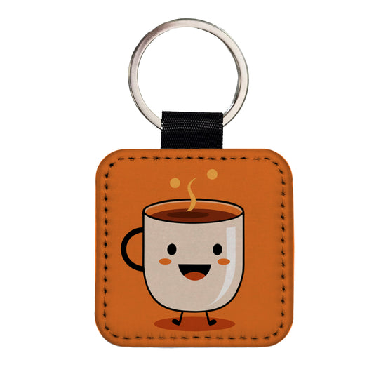 Coffee Mug Cup Smiling Happy Square Faux Leather Keychain