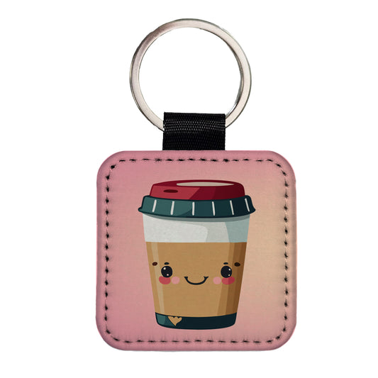 Coffee Travel Mug Smiling Square Faux Leather Keychain