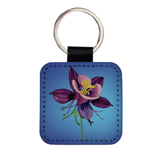 Columbine Flower Watercolor Purple Square Faux Leather Keychain