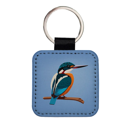 Common Kingfisher Bird Square Faux Leather Keychain
