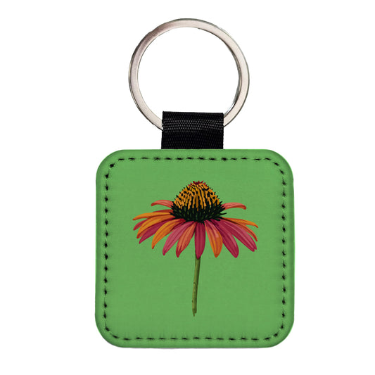 Coneflower Flower Watercolor Square Faux Leather Keychain