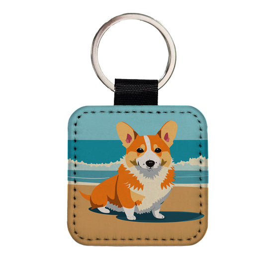 Corgi Dog on the Beach Ocean Square Faux Leather Keychain