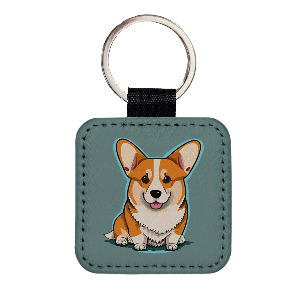 Corgi Dog Sitting Square Faux Leather Keychain