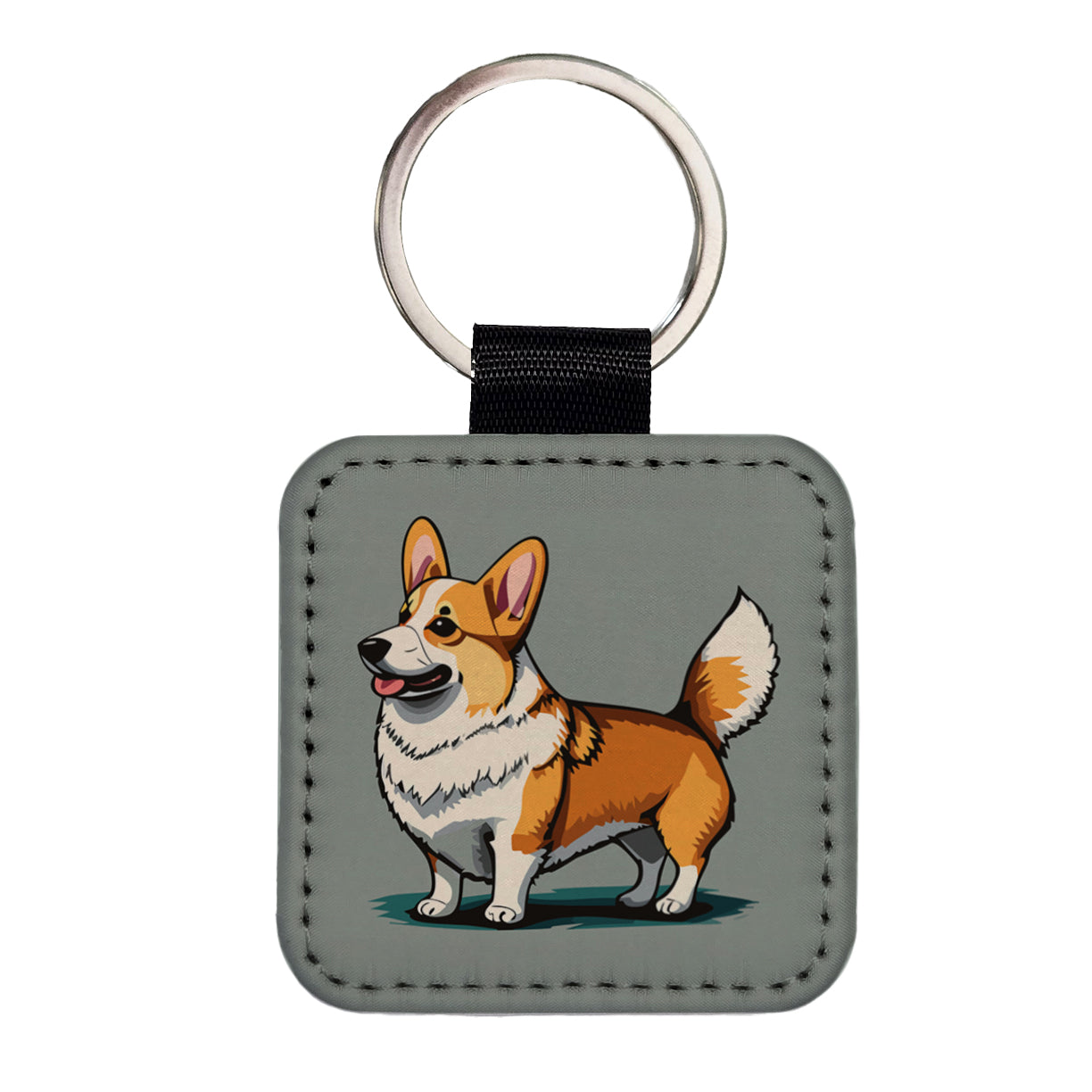 Corgi Dog Standing Square Faux Leather Keychain