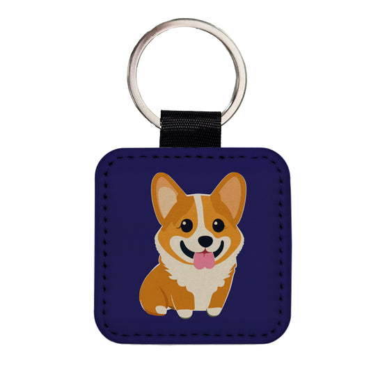 Corgi Dog Sweet Square Faux Leather Keychain
