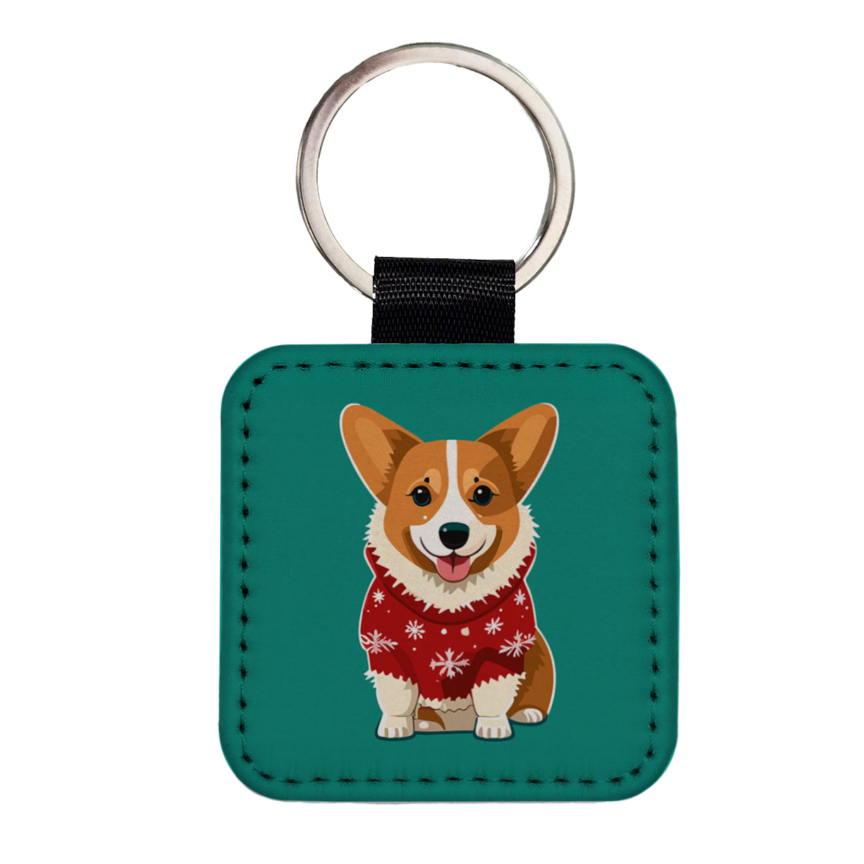 Corgi Wearing Christmas Sweater Square Faux Leather Keychain