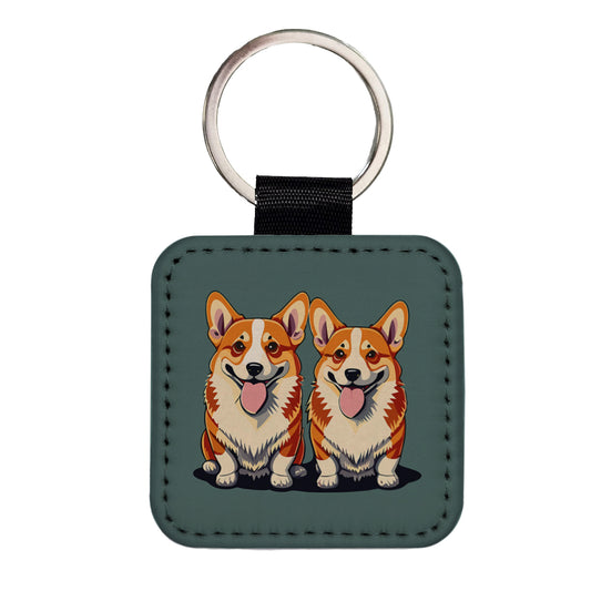 Corgis Dog Friends Brother Sister Two 2 Square Faux Leather Keychain