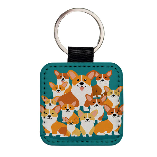Corgis Dogs Oodles Square Faux Leather Keychain