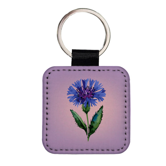 Cornflower Bachelors Buttons Flowers Blue Square Faux Leather Keychain