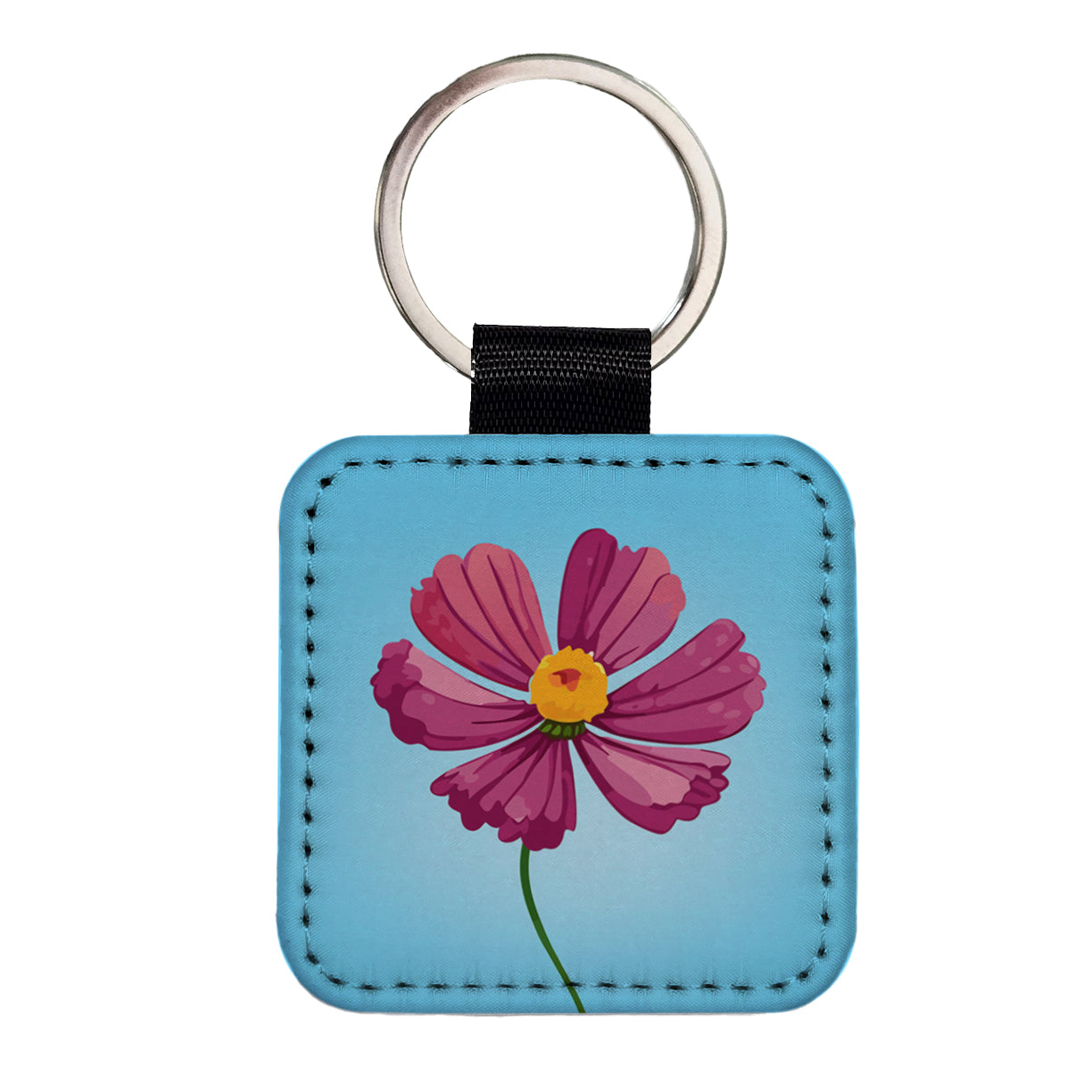 Cosmos Flower Pink Square Faux Leather Keychain
