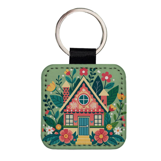 Cottage Core Cuteness Little House Square Faux Leather Keychain