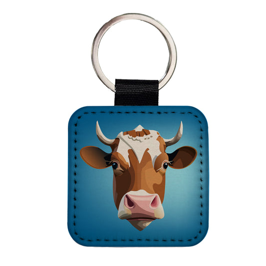 Cow Face Funny Square Faux Leather Keychain