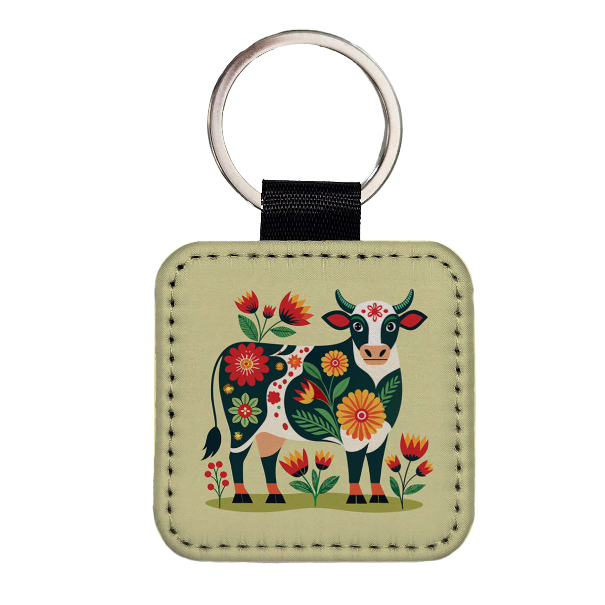 Cow Floral Motif Square Faux Leather Keychain