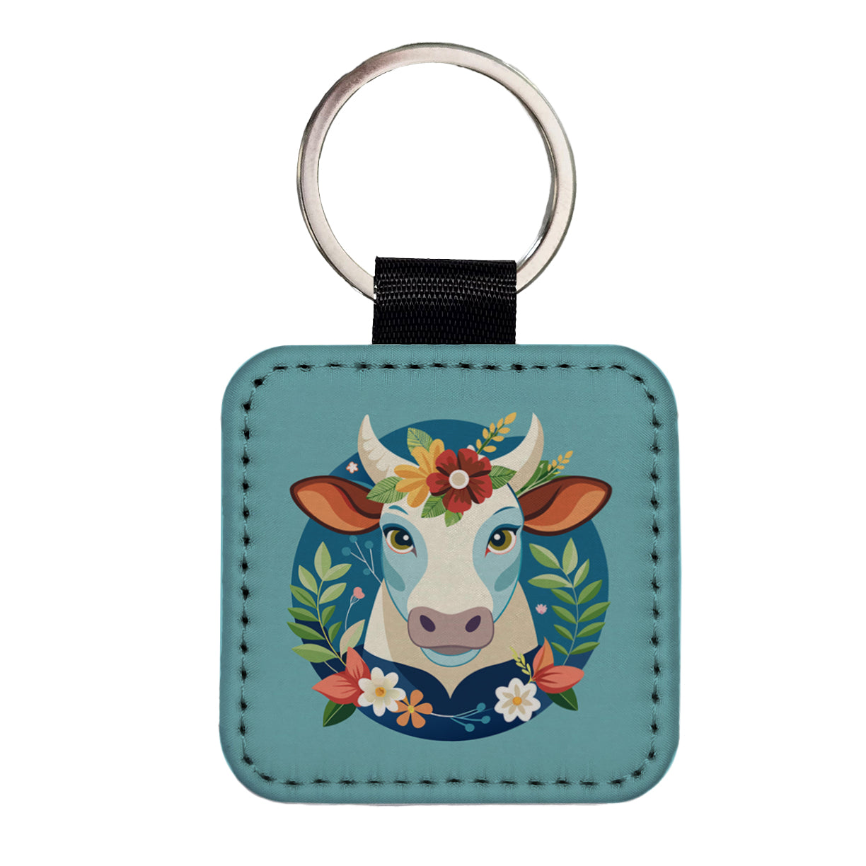 Cow Head Floral Flowers Square Faux Leather Keychain