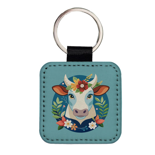Cow Head Floral Flowers Square Faux Leather Keychain