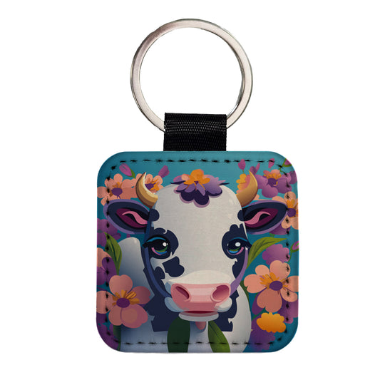 Cow with Flowers Square Faux Leather Keychain