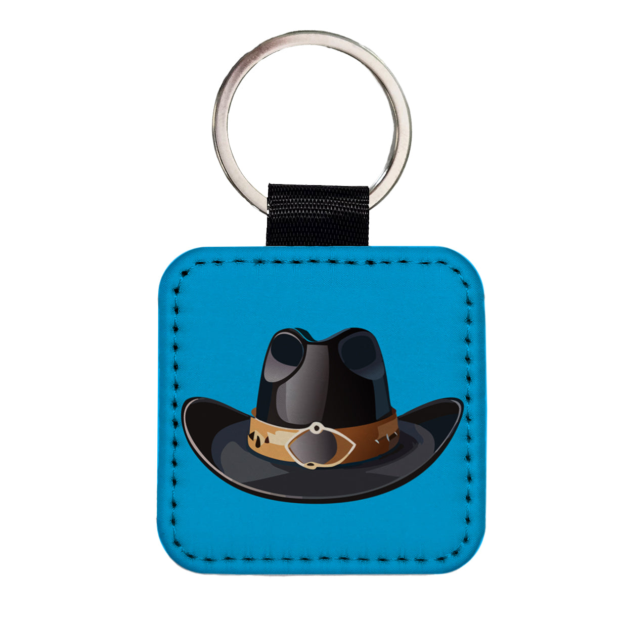 Cowboy Hat Black Western Country Square Faux Leather Keychain