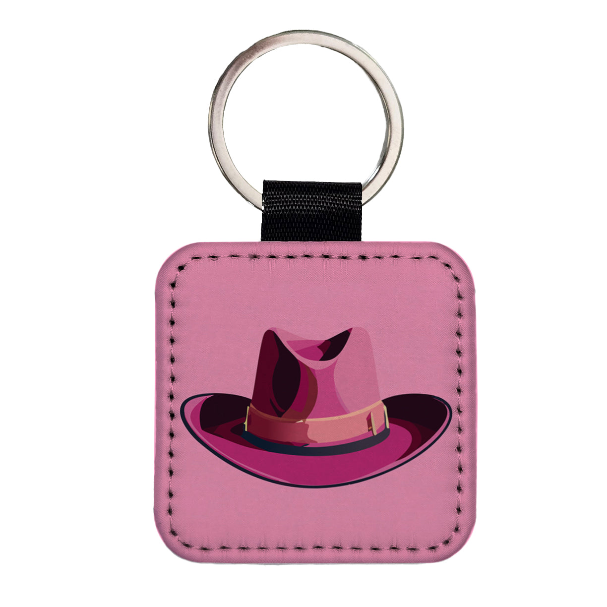 Cowgirl Hat Pink Western Country Square Faux Leather Keychain