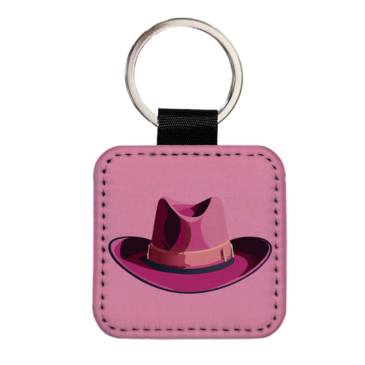 Cowgirl Hat Pink Western Country Square Faux Leather Keychain