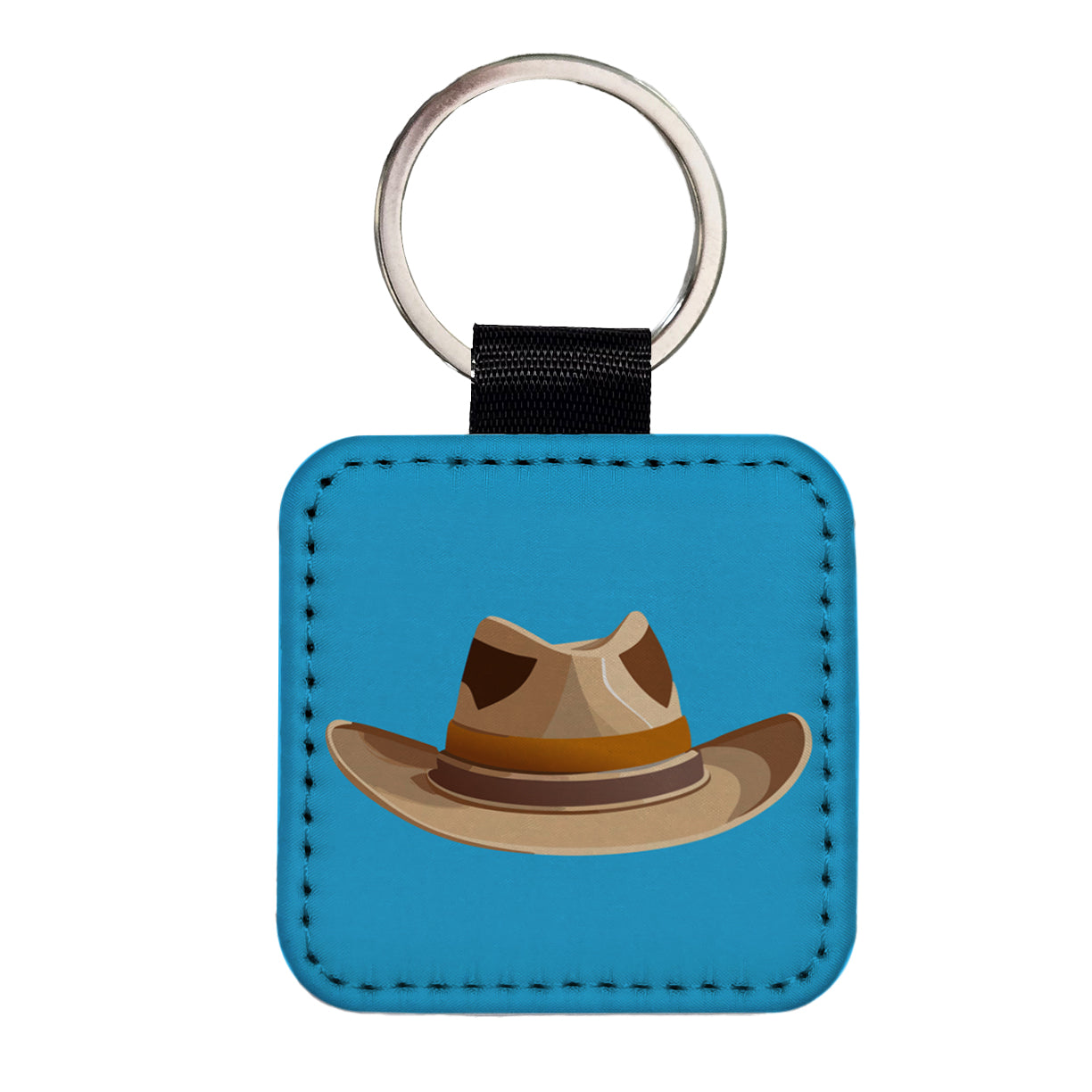 Cowgirl Hat Tan Western Country Square Faux Leather Keychain
