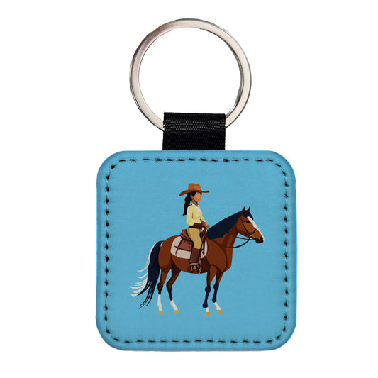 Cowgirl Woman on Horse Square Faux Leather Keychain