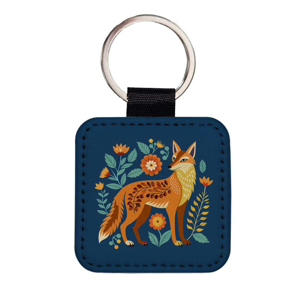 Coyote Pretty Floral Flowers Square Faux Leather Keychain