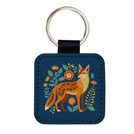 Coyote Pretty Floral Flowers Square Faux Leather Keychain