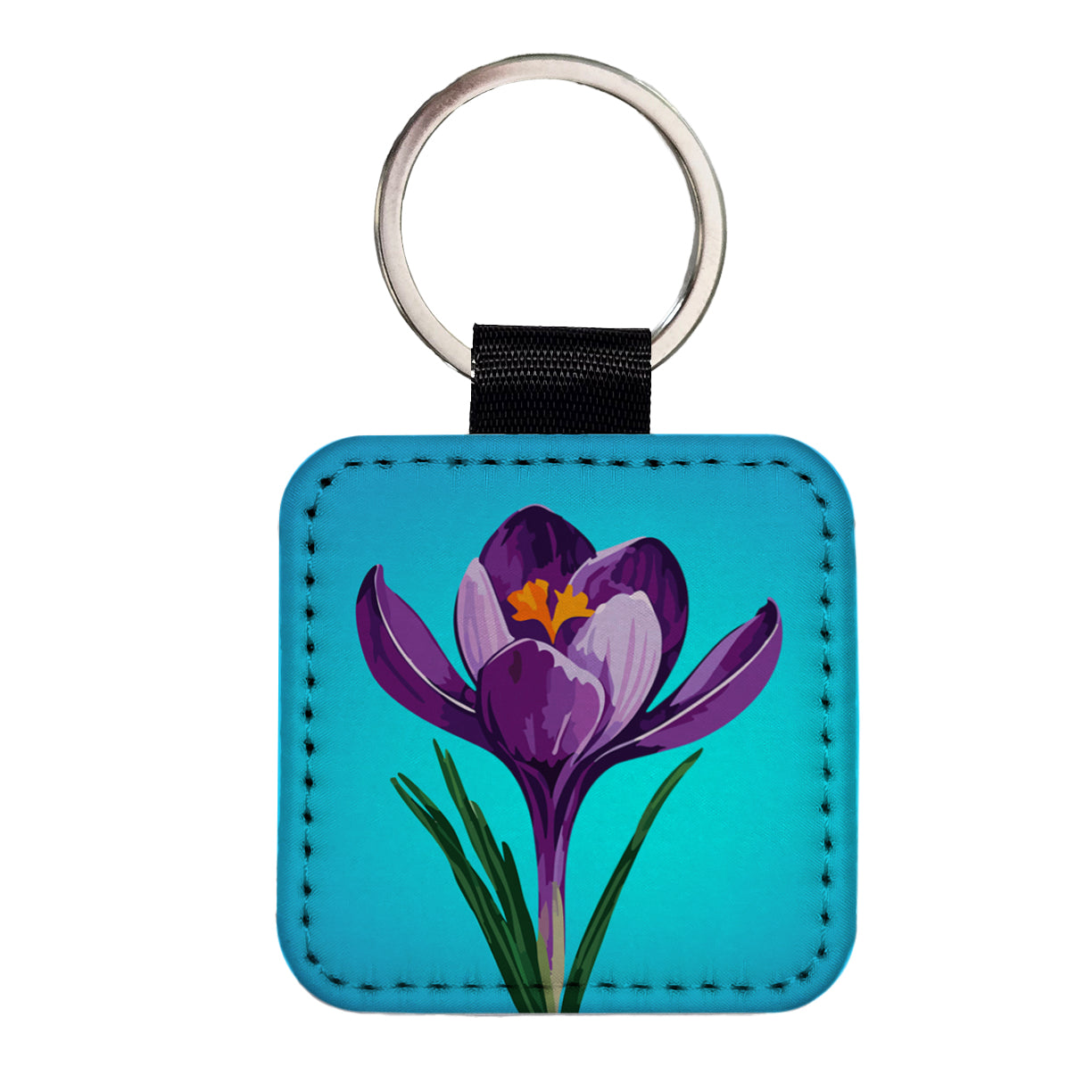 Crocus Flower Purple Watercolor Square Faux Leather Keychain