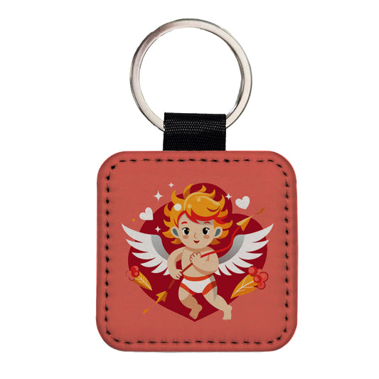 Cupid Cherub with Arrow Valentines Day Square Faux Leather Keychain