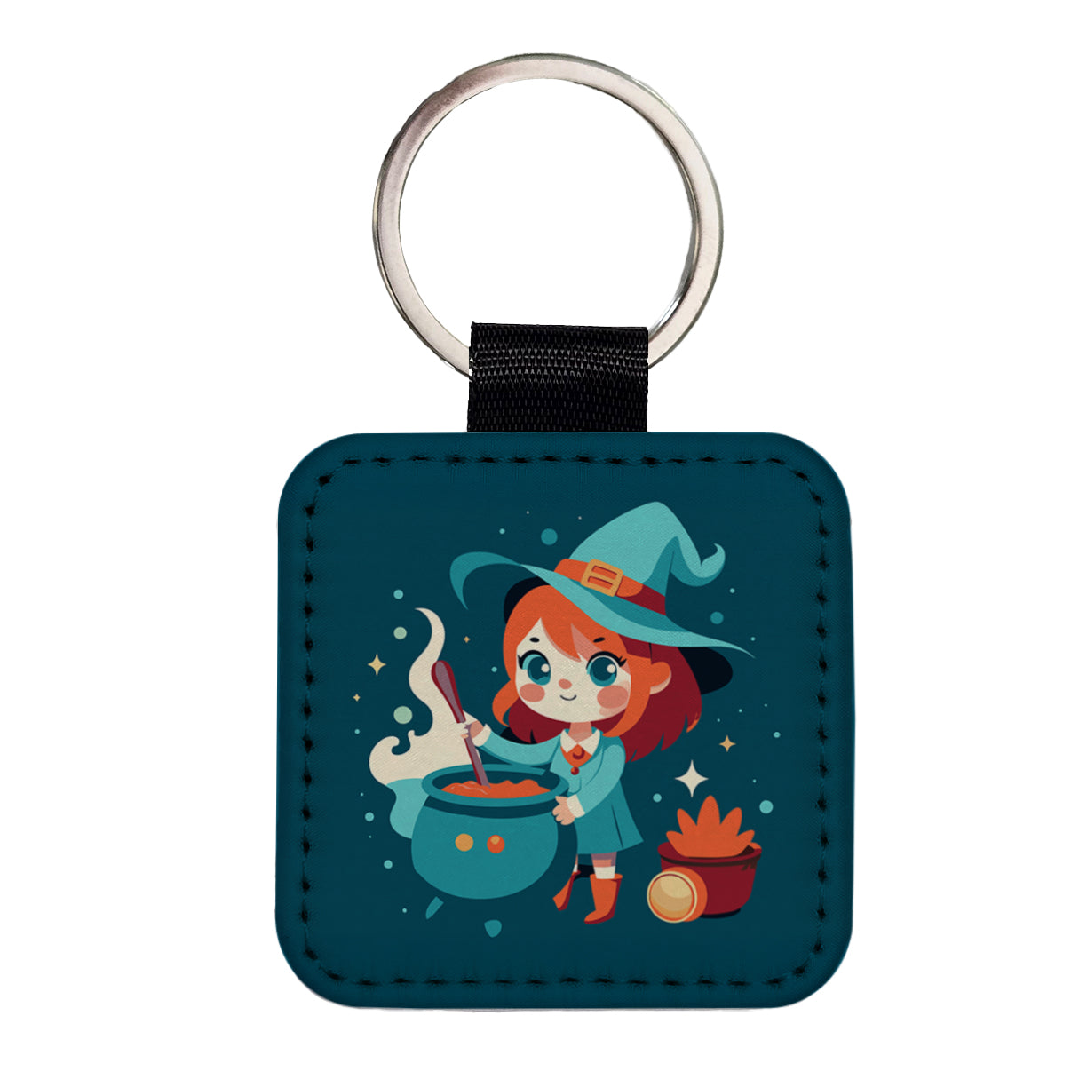 Cute Witch Stirring Cauldron Halloween Square Faux Leather Keychain