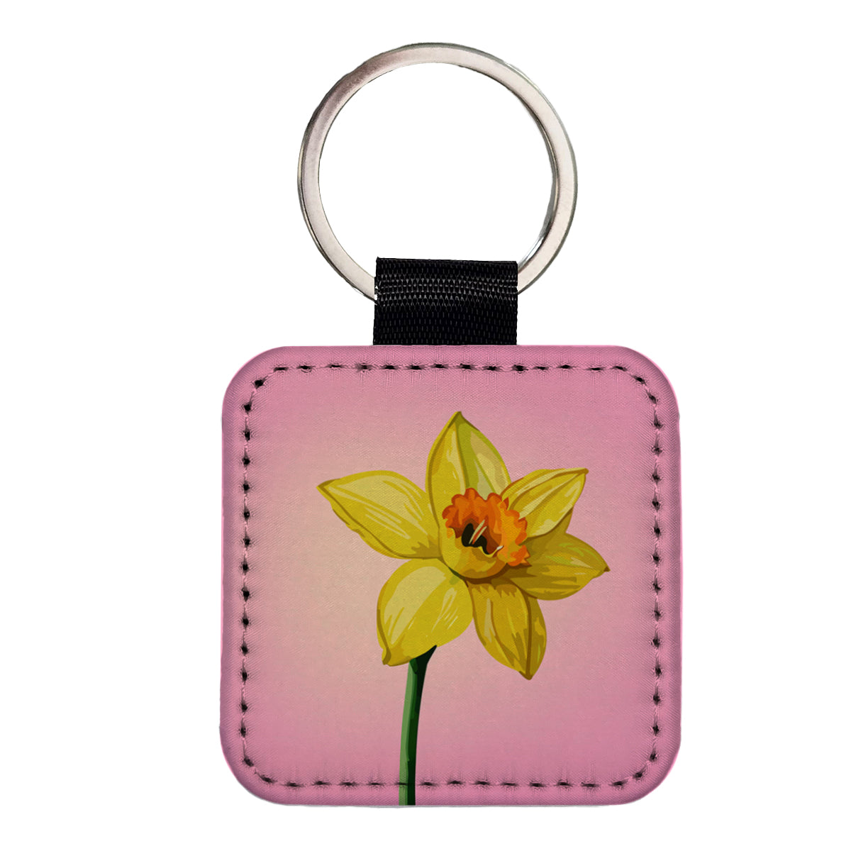 Daffodil Watercolor Yellow Square Faux Leather Keychain