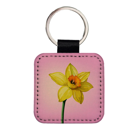 Daffodil Watercolor Yellow Square Faux Leather Keychain