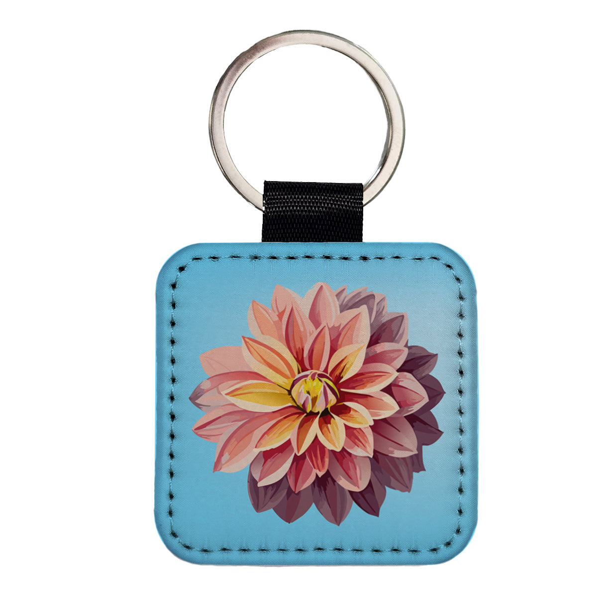 Dahlia Flower Watercolor Square Faux Leather Keychain