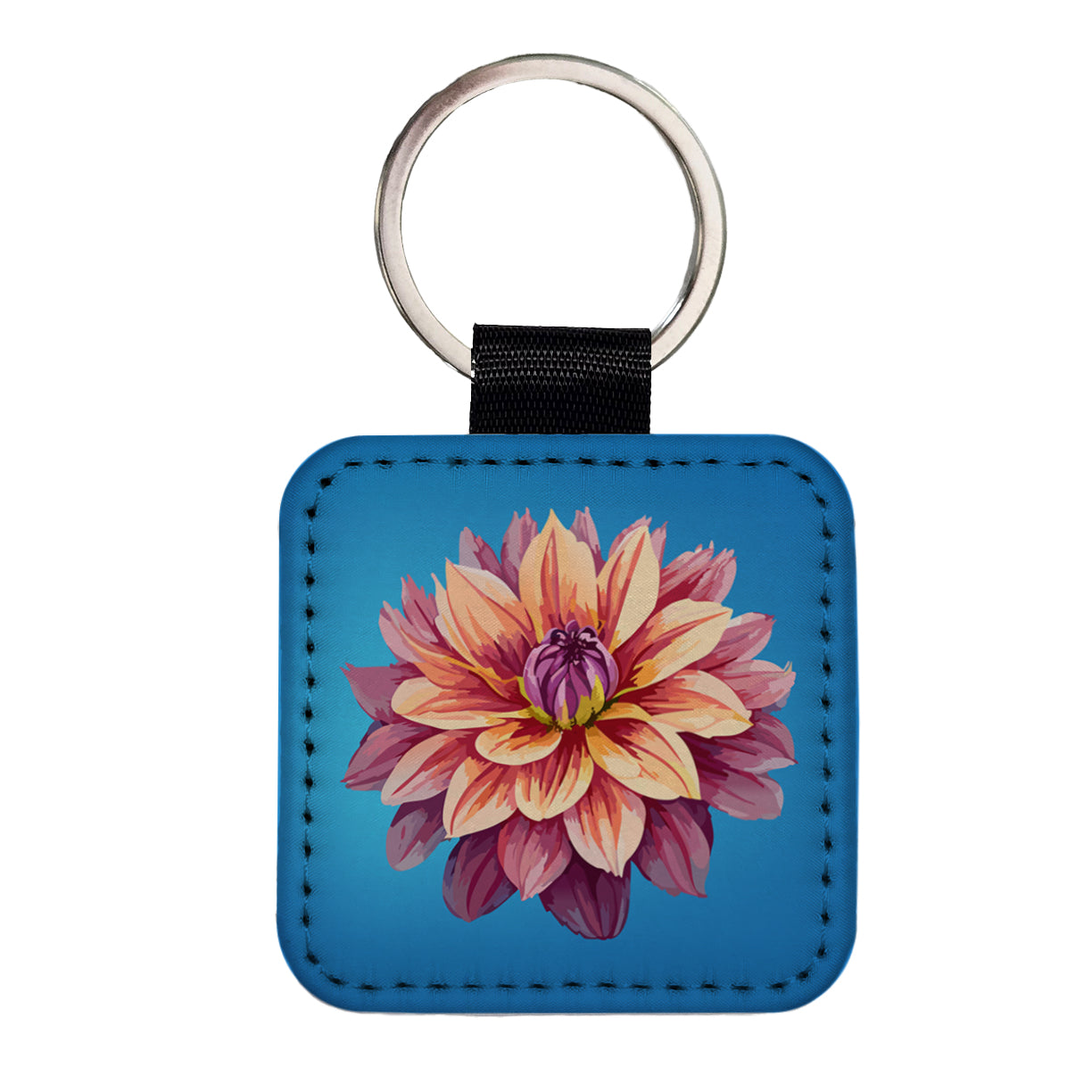 Dahlia Flower Square Faux Leather Keychain