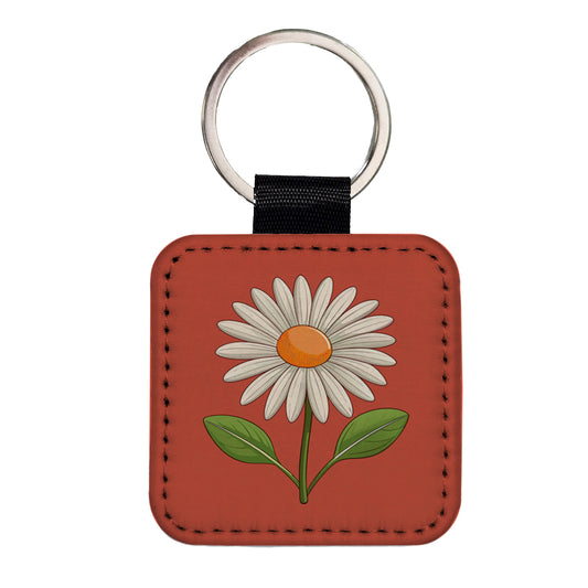 Daisy Flower Cute Square Faux Leather Keychain