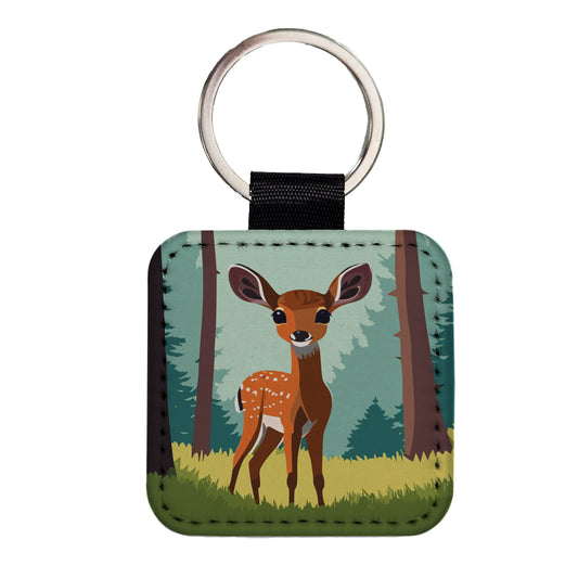Deer Fawn Standing Square Faux Leather Keychain