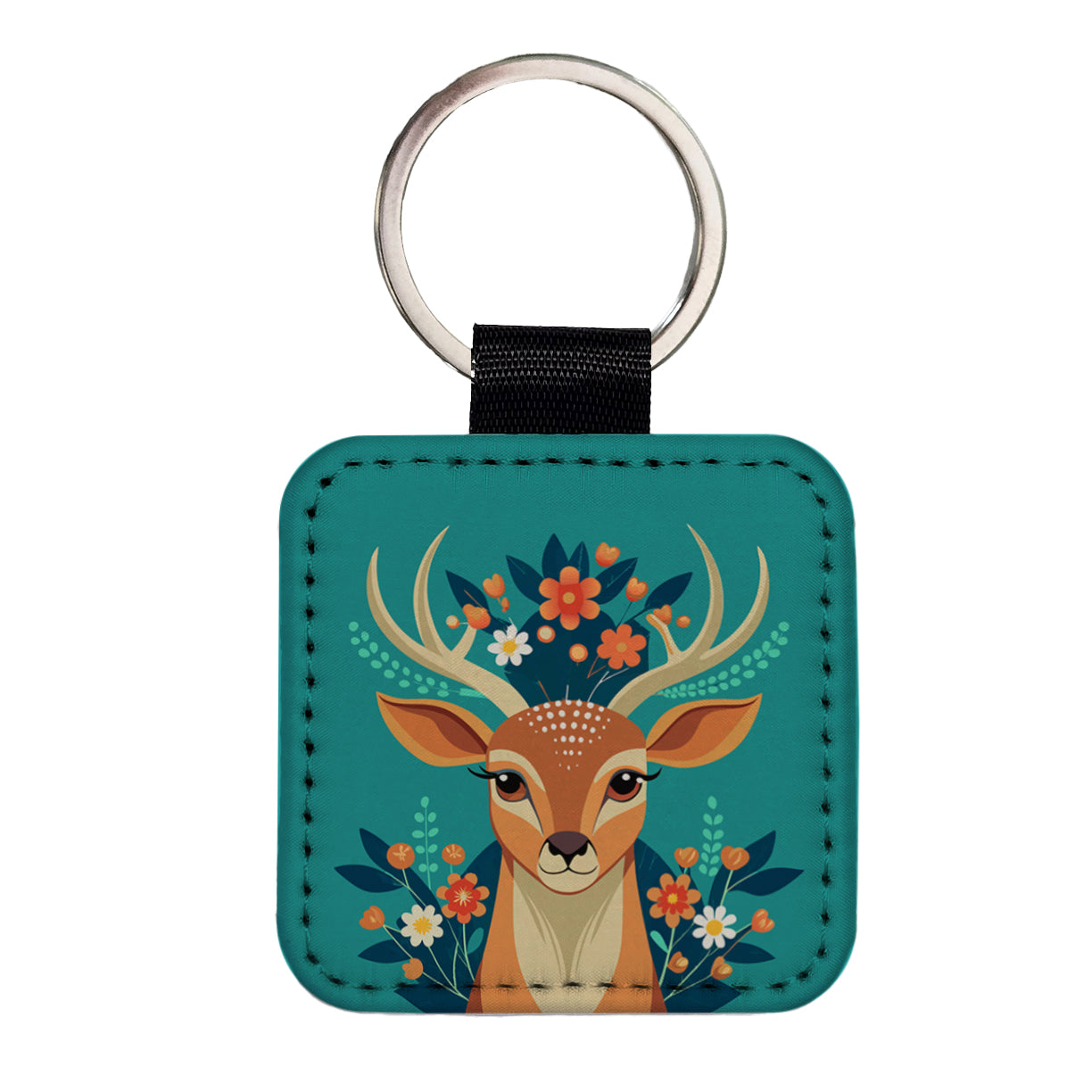 Deer Head Floral Flowers Square Faux Leather Keychain