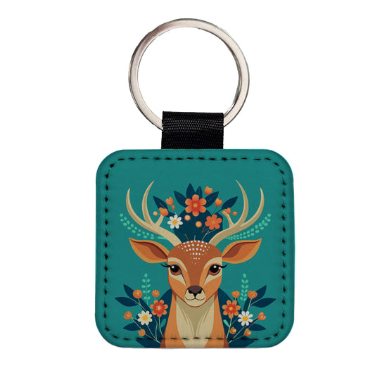 Deer Head Floral Flowers Square Faux Leather Keychain