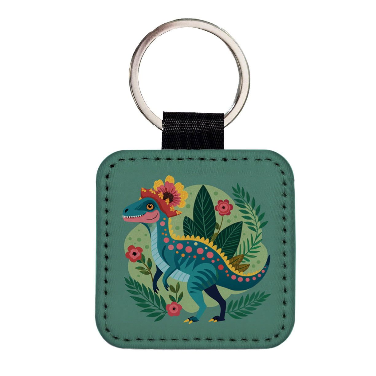 Dinosaur Floral Flowers Funny Square Faux Leather Keychain