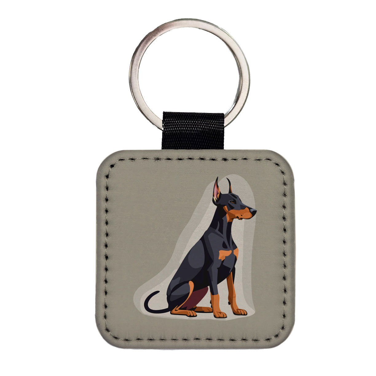 Doberman Dog Sitting Square Faux Leather Keychain