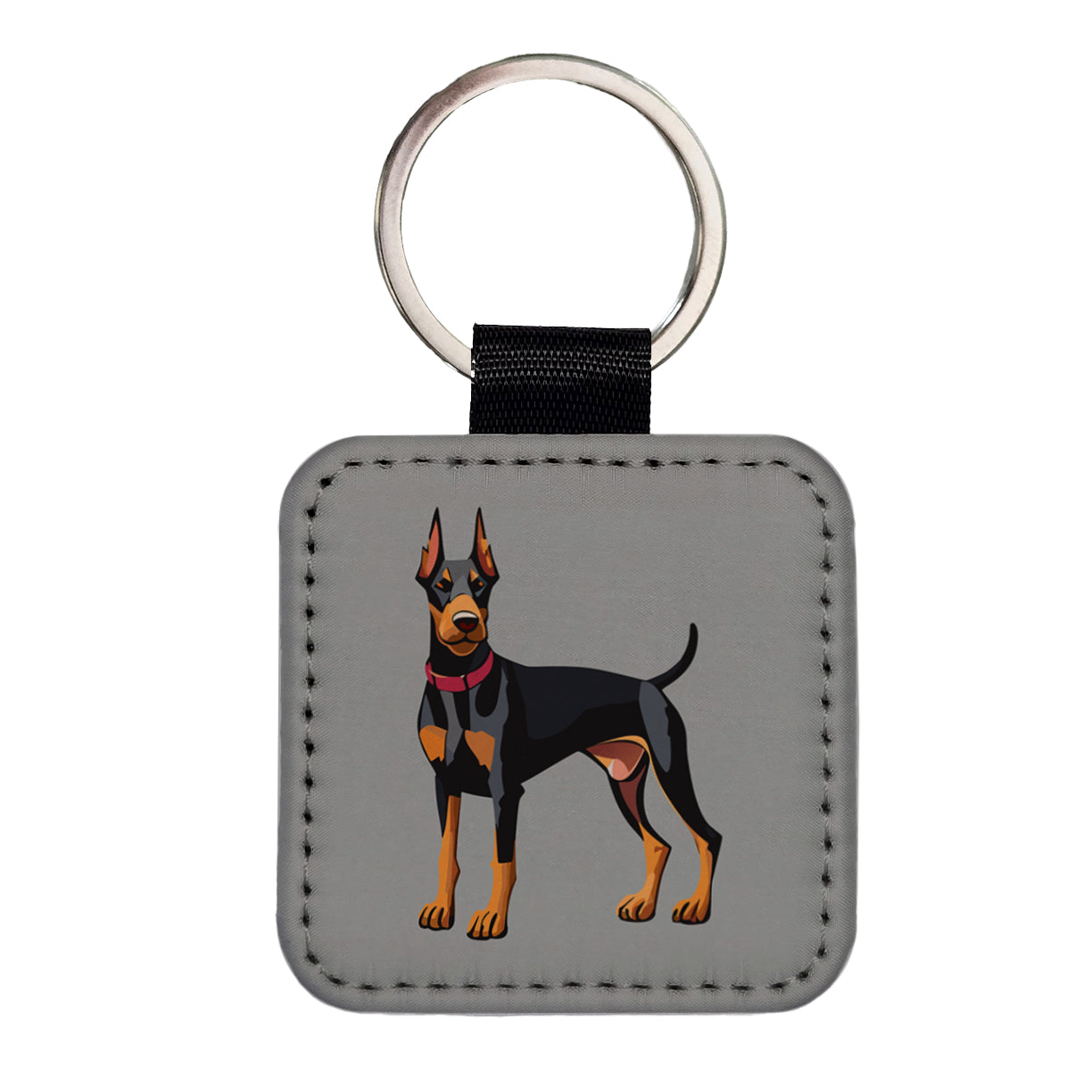 Doberman Dog Standing Square Faux Leather Keychain