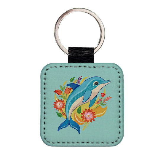 Dolphin Floral Flowers Square Faux Leather Keychain