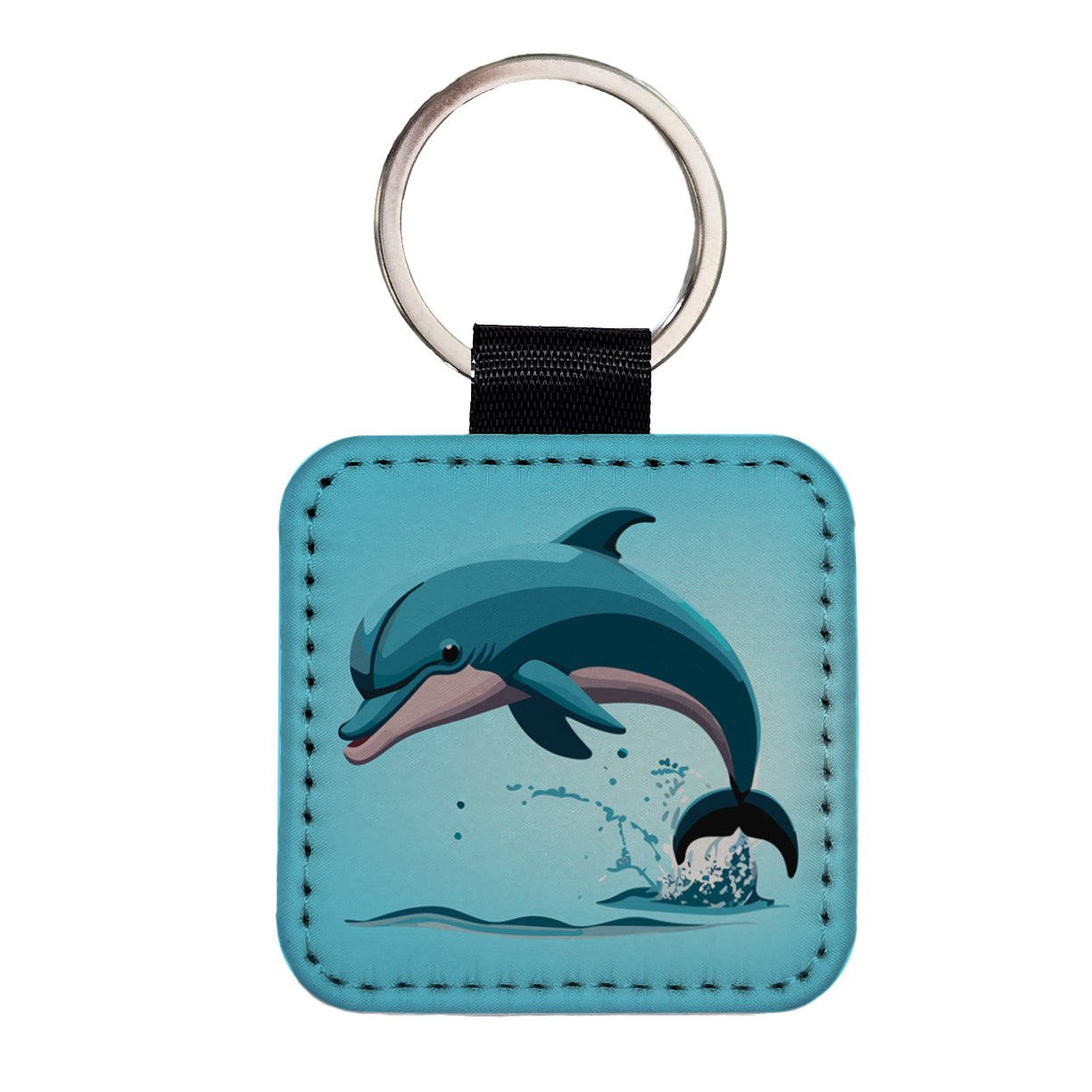 Dolphin Jumping Out of Water Square Faux Leather Keychain