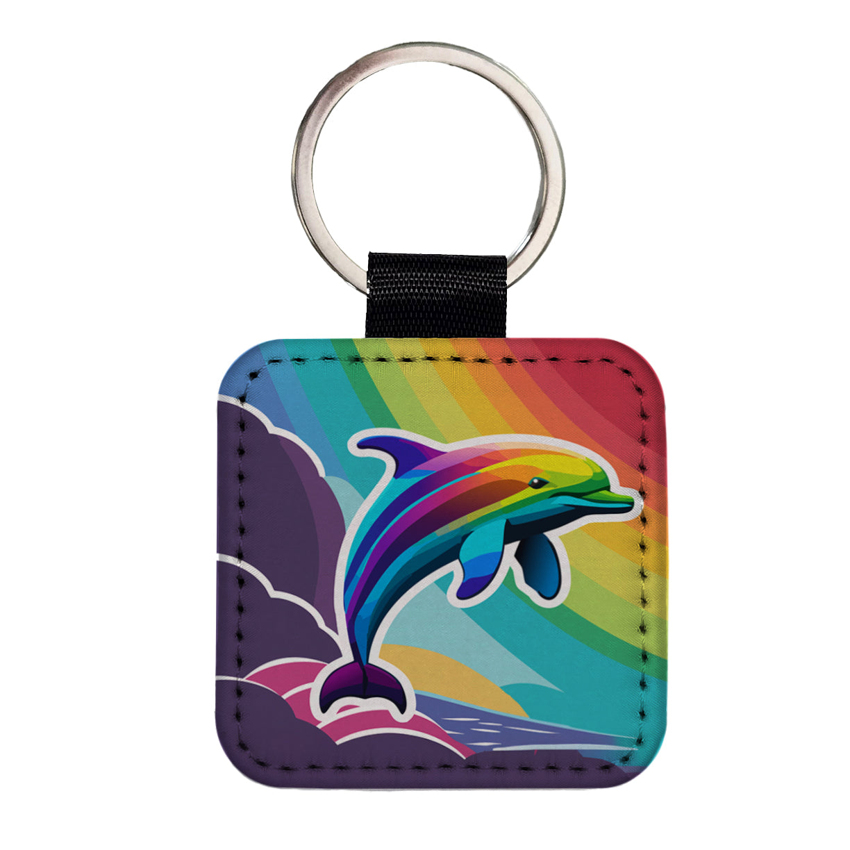 Dolphin Rainbow Cute Square Faux Leather Keychain