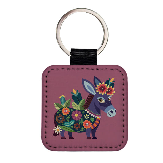Donkey Floral Flowers Square Faux Leather Keychain
